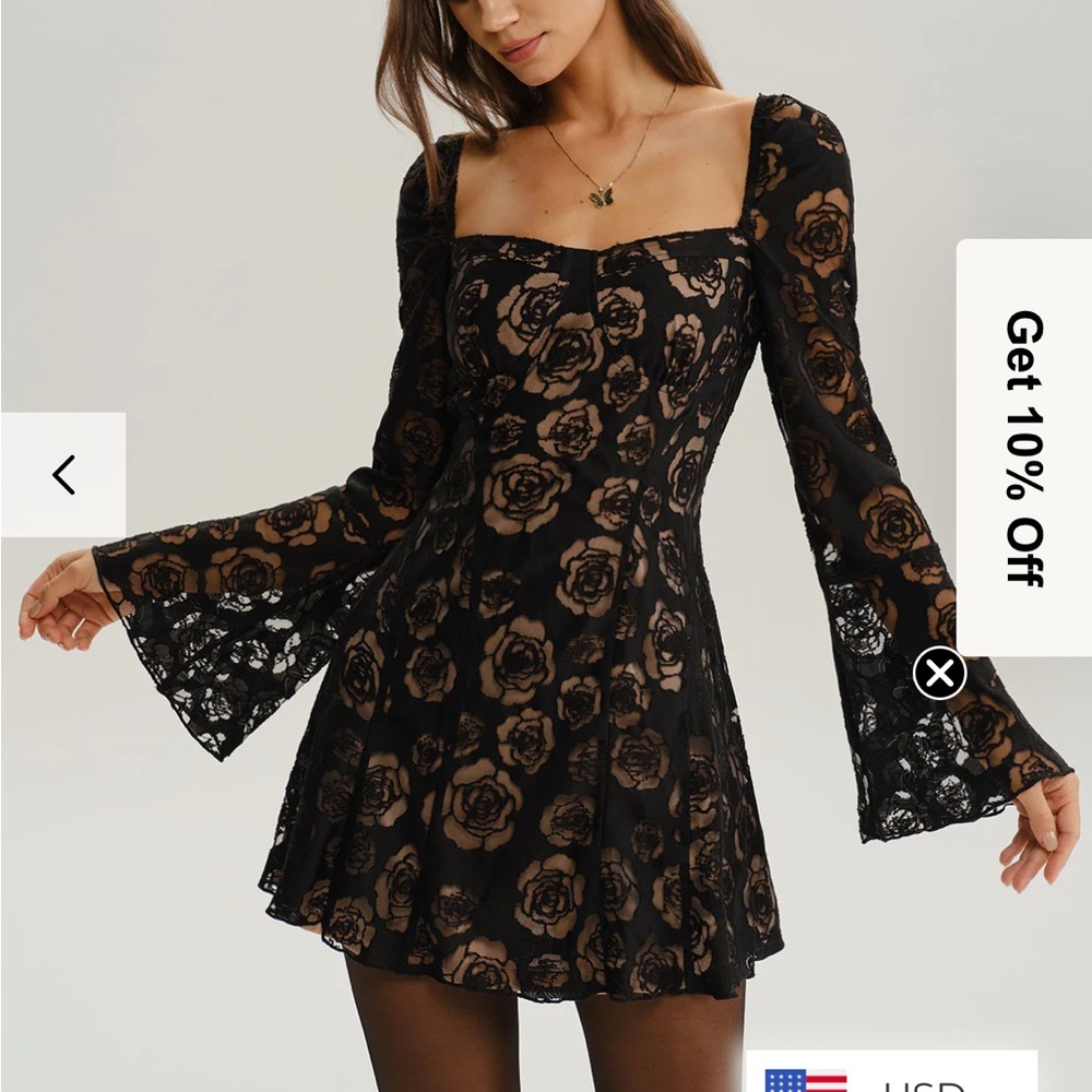 Rihoas Black Floral bell sleeve Lace Dress Size S NWT